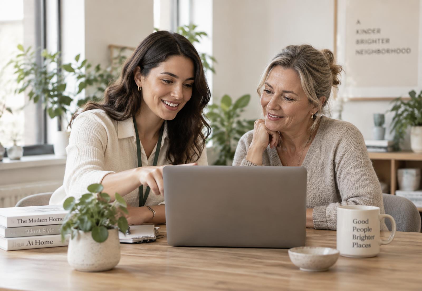 Two people sitting together working on a laptop at AI House